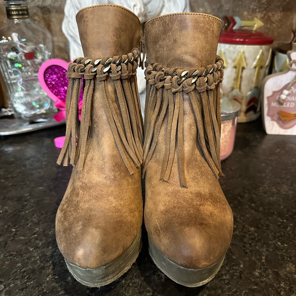 Sbicca Tan Fringe Ankle Booties
